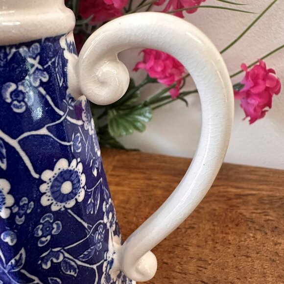 Vintage Blue and‎ White Floral Transferware Pitcher Scroll Handle Ceramic Jug - Picture 6 of 6